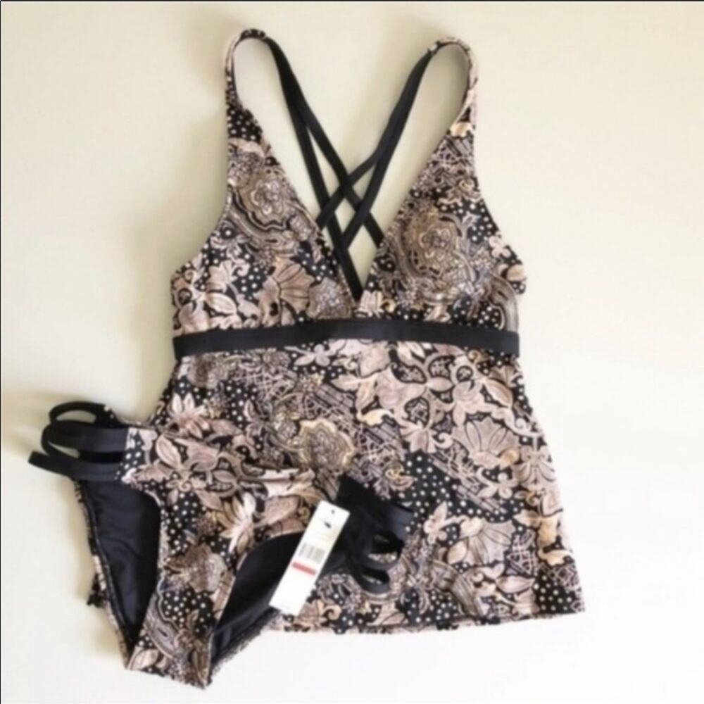 CARMEN MARC VALVO Strappy Brown Black Two Piece Tankini Paisley Swim Swimsuit XS
